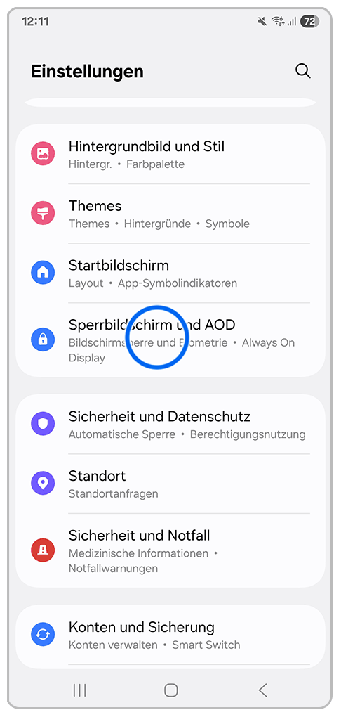 Galaxy Smartphone Einstellungen mit Markierung auf Sperrbildschirm und AOD