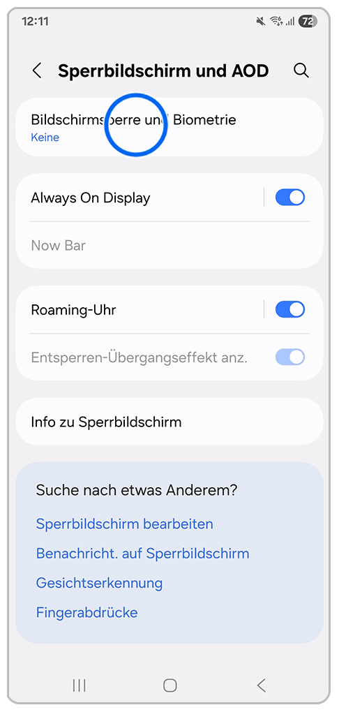 Galaxy Smartphone Sperrbildschirm und AOD mit Markierung auf Bildschirmsperre und Biometrie