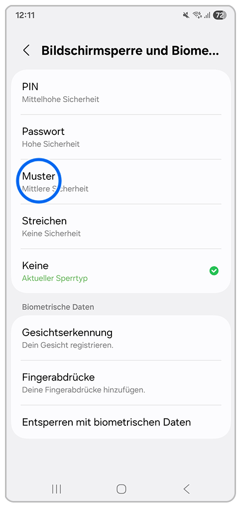 Galaxy Smartphone Bildschirmsperre und Biometrie mit Markierung auf Muster
