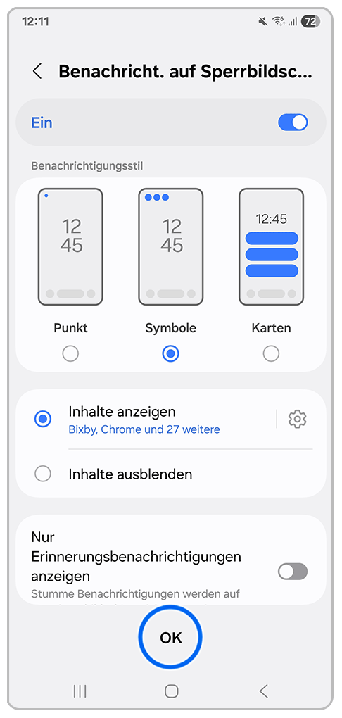 Galaxy Smartphone Benachrichtigungen auf dem Sperrbildschirm mit Markierung auf OK