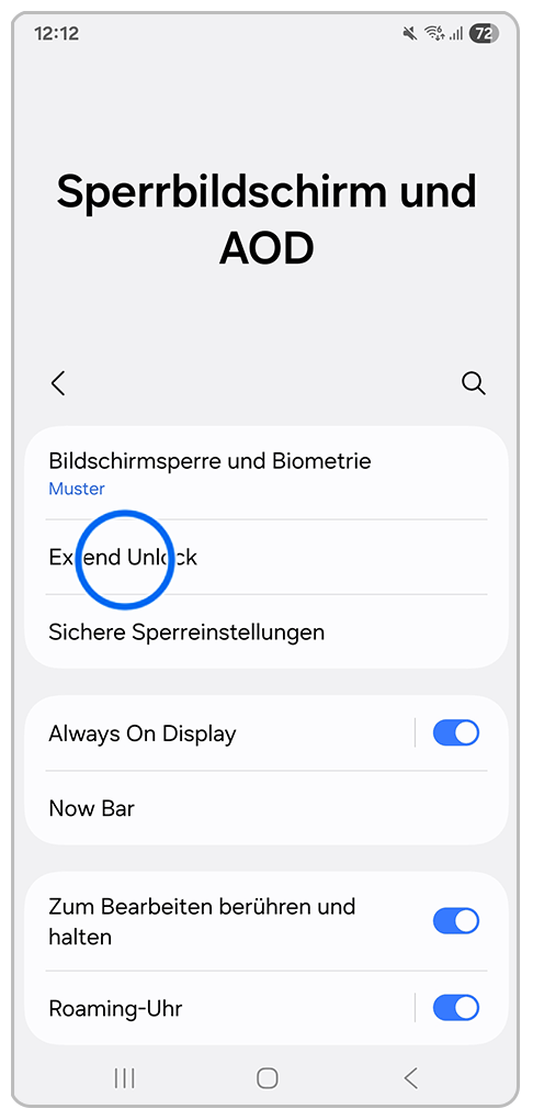 Galaxy Smartphone Sperrbildschirm und AOD mit Markierung auf Extend Unlock