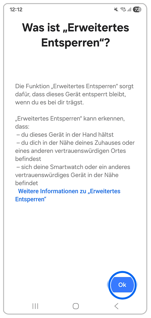Galaxy Smartphone Erweitertes Entsperren mit Markierung auf OK