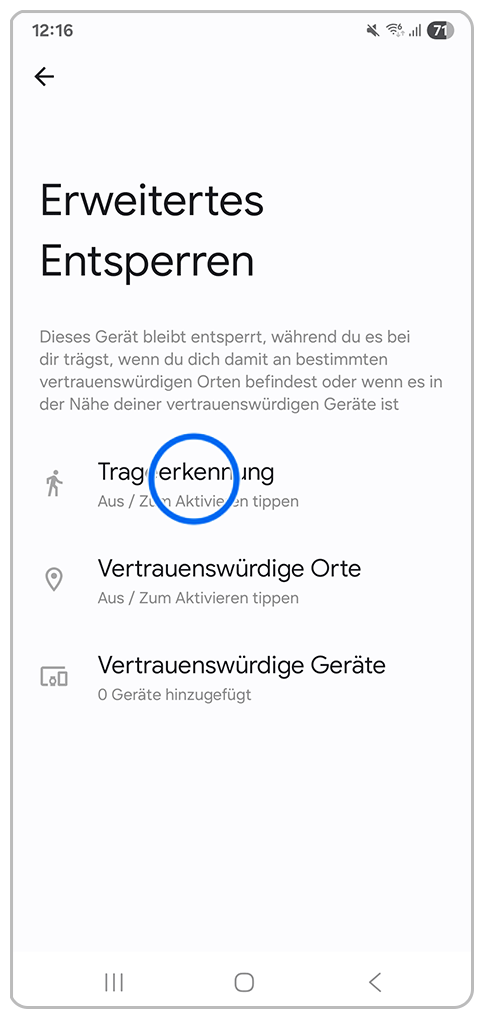 Galaxy Smartphone Erweitertes Entsperren mit Markierung auf Trageerkennung