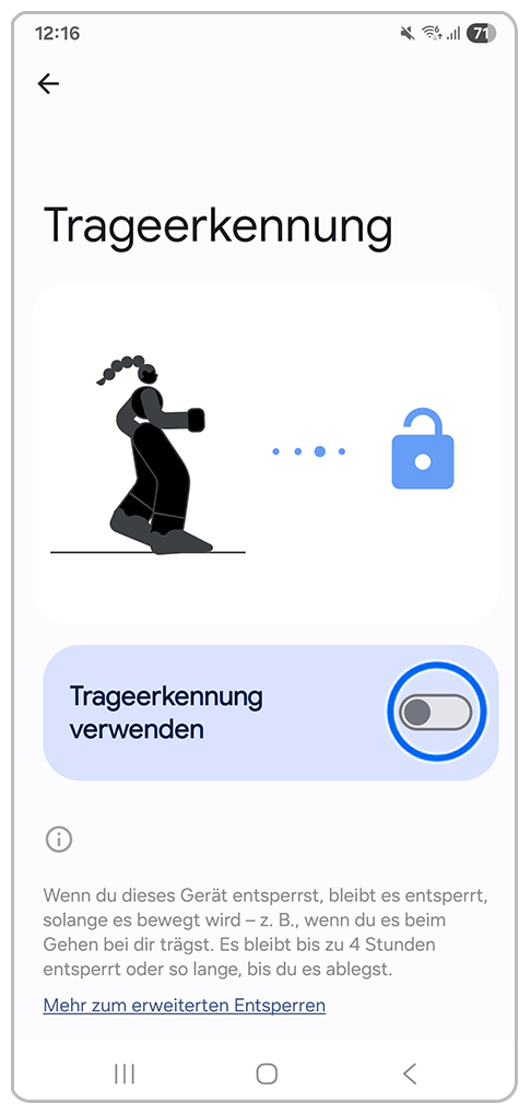 Galaxy Smartphone Trageerkennung mit Markierung auf Schieberegler