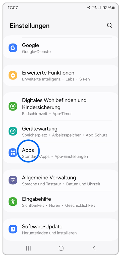 Galaxy Smartphone Einstellungen mit Markierung auf Apps