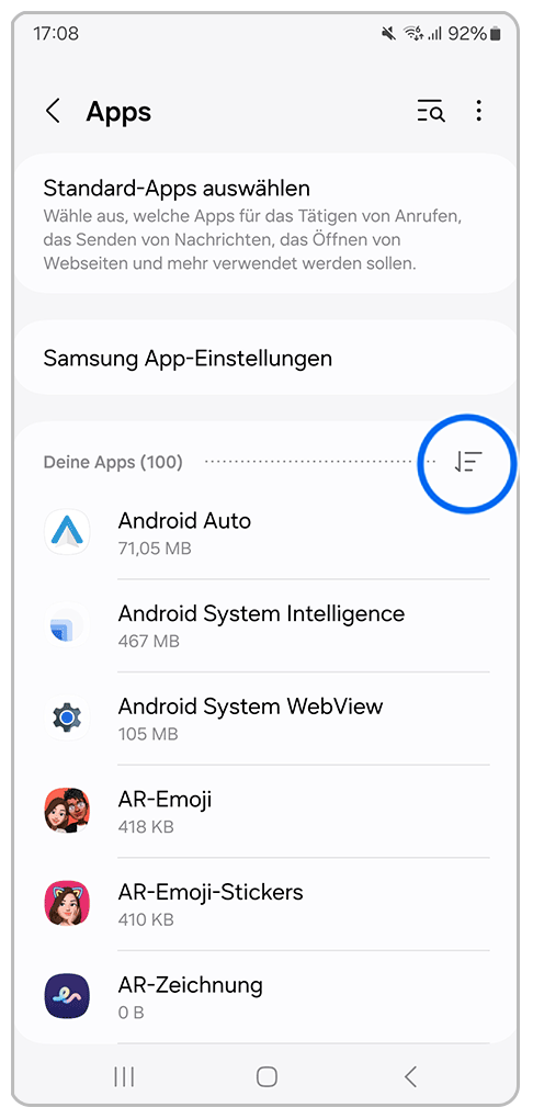 Galaxy Smartphone Apps mit Markierung auf Filter-Symbol