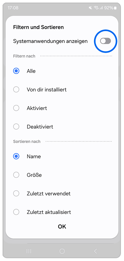 Galaxy Smartphone Filtern und Sortieren mit Markierung auf Schieberegler