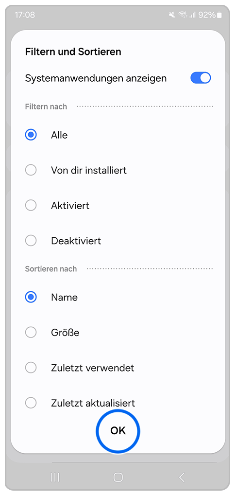 Galaxy Smartphone Filtern und Sortieren mit Markierung auf OK