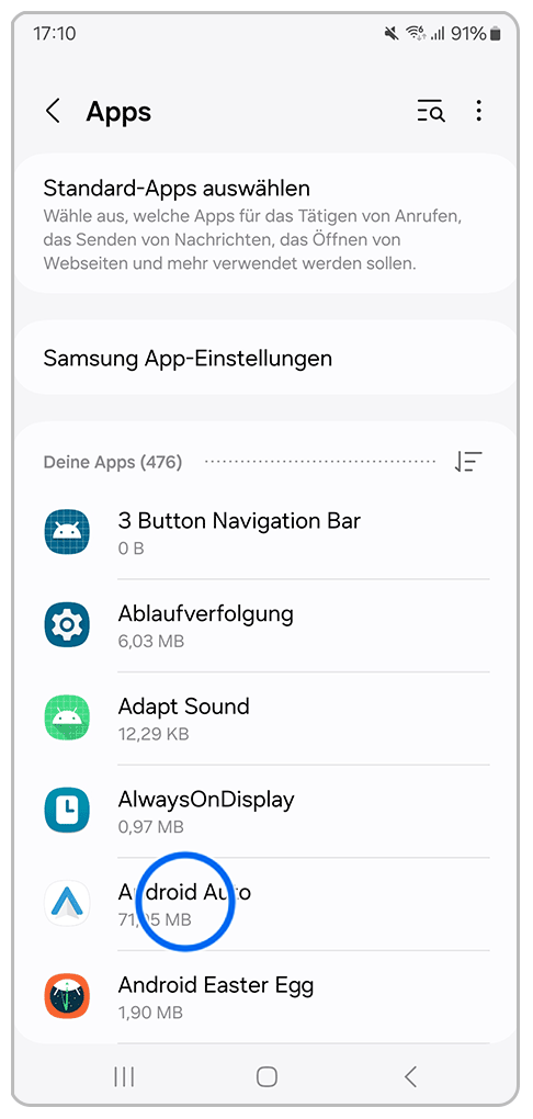 Galaxy Smartphone Apps mit Markierung auf Android Auto