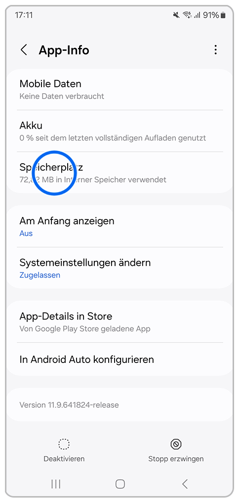 Galaxy Smartphone App-Info mit Markierung auf Speicherplatz