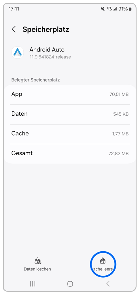 Galaxy Smartphone App-Info Speicherplatz mit Markierung auf Cache leeren