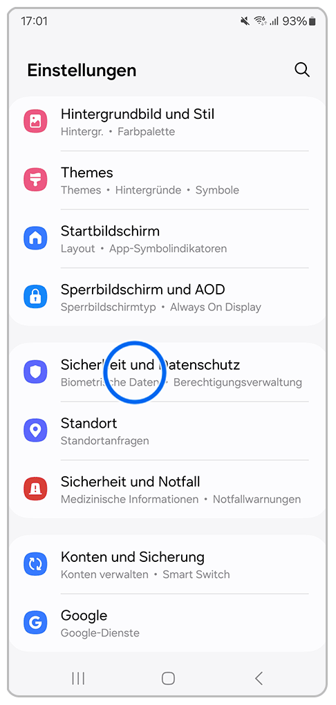 Galaxy Smartphone Einstellungen mit Markierung auf Sicherheit und Datenschutz