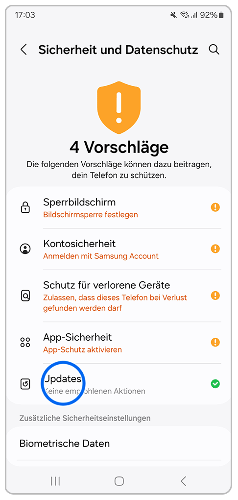 Galaxy Smartphone Sicherheit und Datenschutz mit Markierung auf Updates