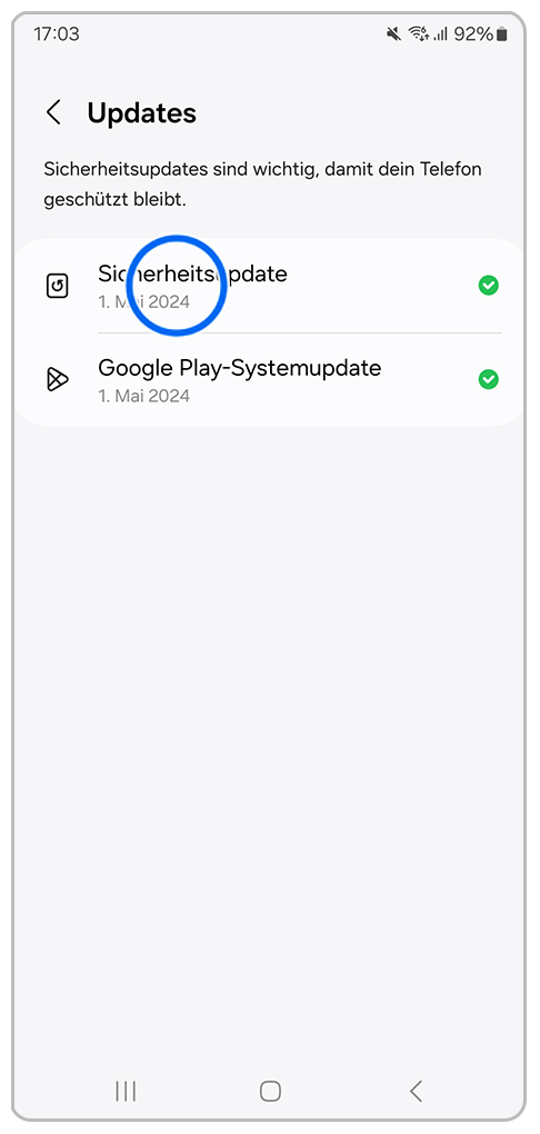 Galaxy Smartphone Sicherheit und Datenschutz Updates mit Markierung auf Sicherheitsupdate