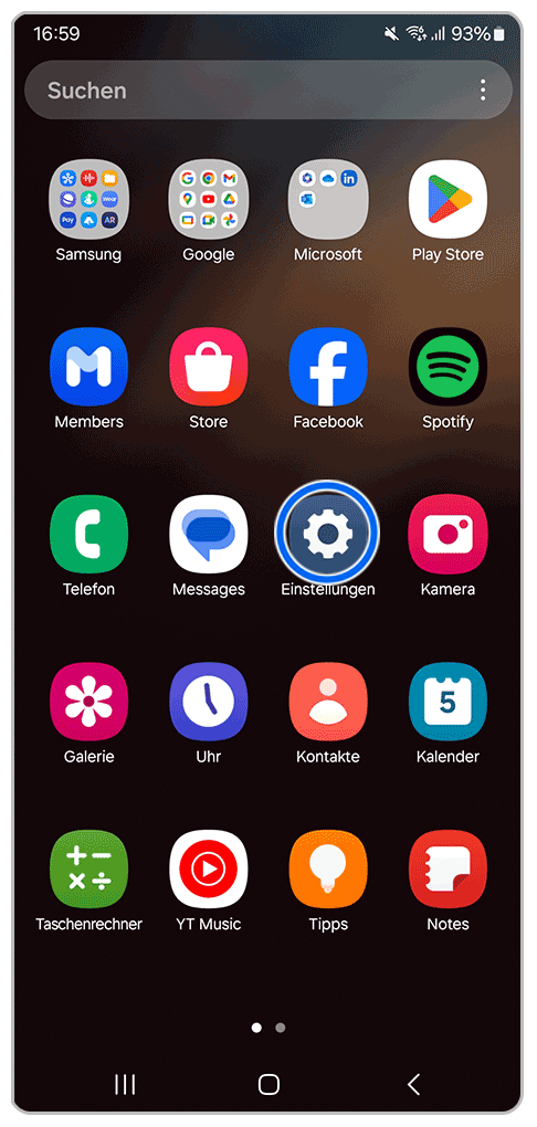 Galaxy Smartphone App Bildschirm mit Markierung auf Einstellungen