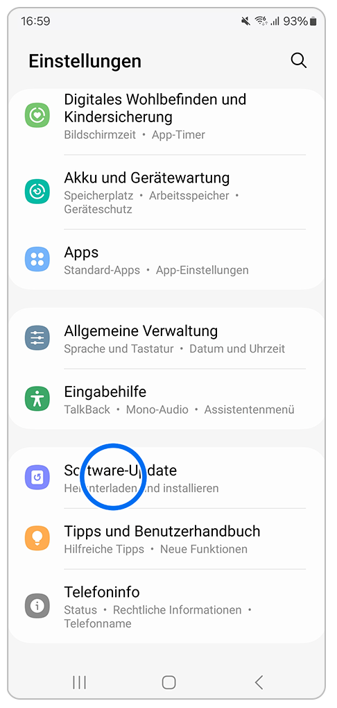 Galaxy Smartphone Einstellungen mit Markierung auf Software-Update