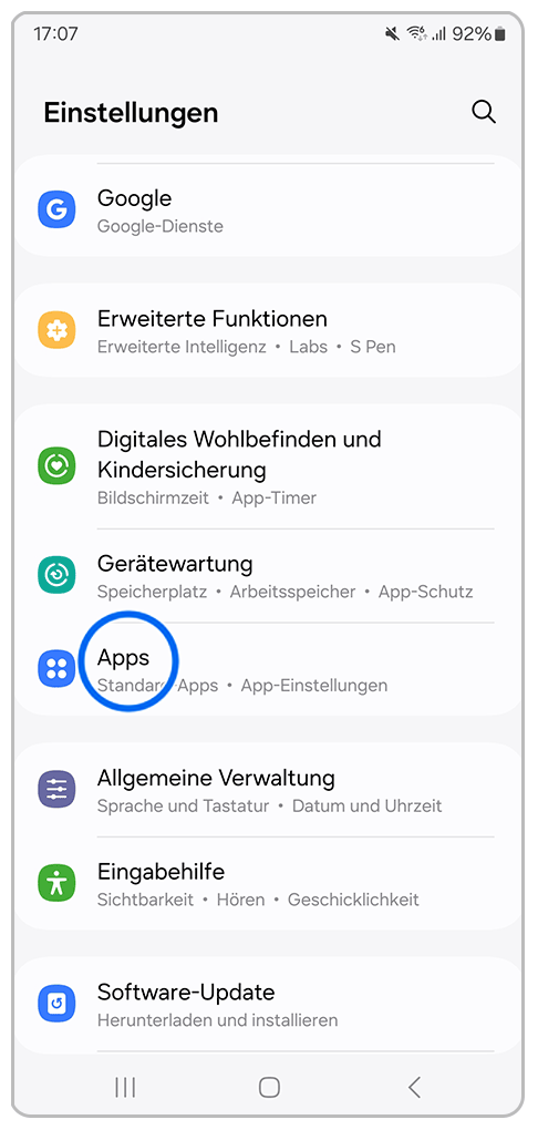 Galaxy Smartphone Einstellungen mit Markierung auf Apps