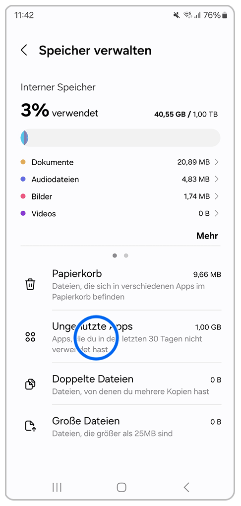 Galaxy Smartphone Gerätewartung Speicherplatz mit Markierung auf Ungenutzte Apps