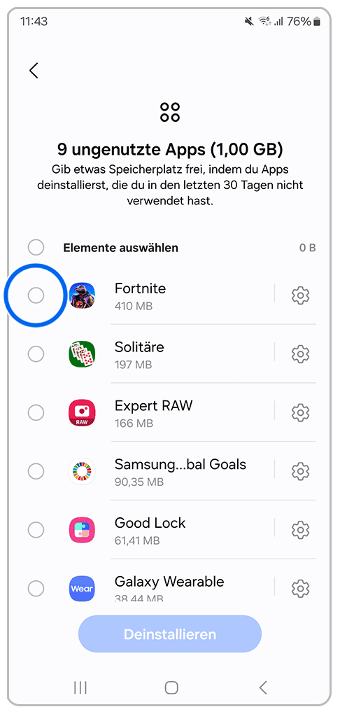 Galaxy Smartphone Gerätewartung Apps löschen mit Markierung auf Fortnite