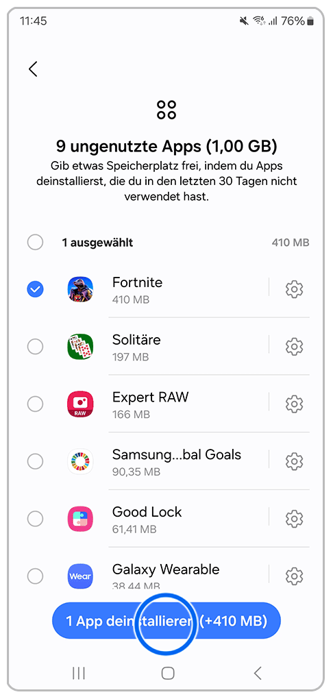 Galaxy Smartphone Gerätewartung Apps löschen mit der Markierung auf 1 App deinstallieren