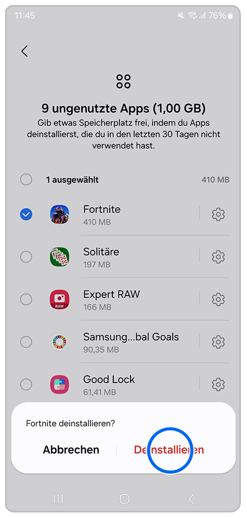 Galaxy Smartphone Gerätewartung Apps löschen mit der Markierung auf Deinstallieren