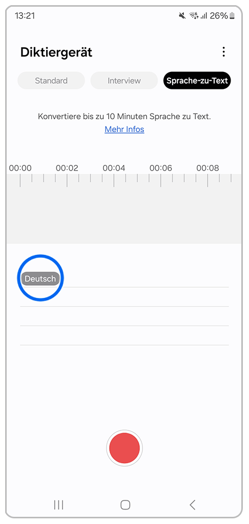 Galaxy Smartphone Diktiergerät App Sprache-zu-Text Fenster mit Markierung auf Deutsch