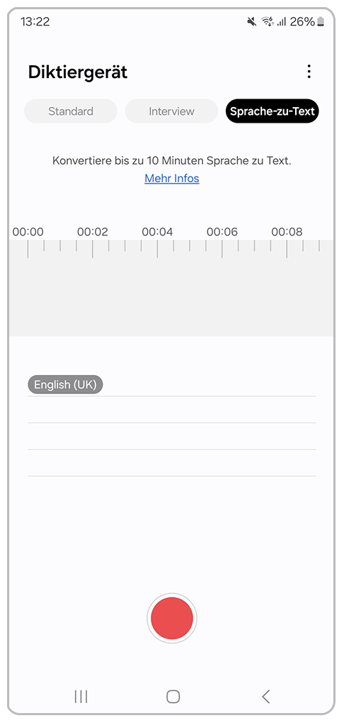 Galaxy Smartphone Diktiergerät App Sprache-zu-Text Fenster