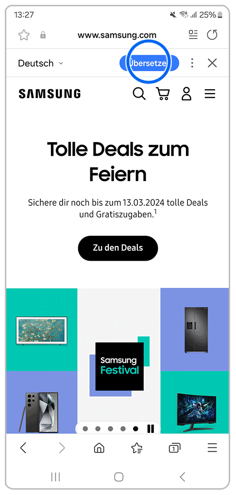 Galaxy Smartphone Samsung Internet mit MArkierung auf Übersetzen