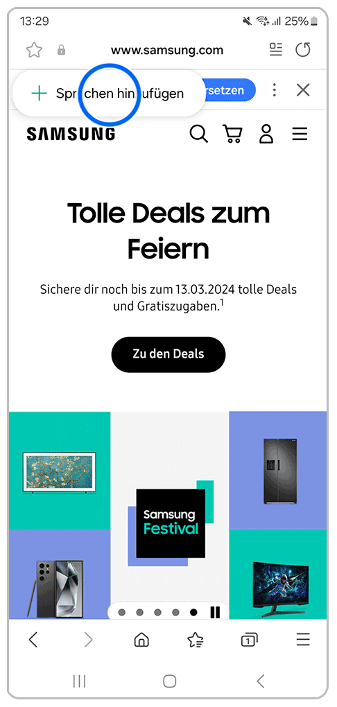 Galaxy Smartphone Samsung Internet mit Markierung auf Sprachen hinzufügen