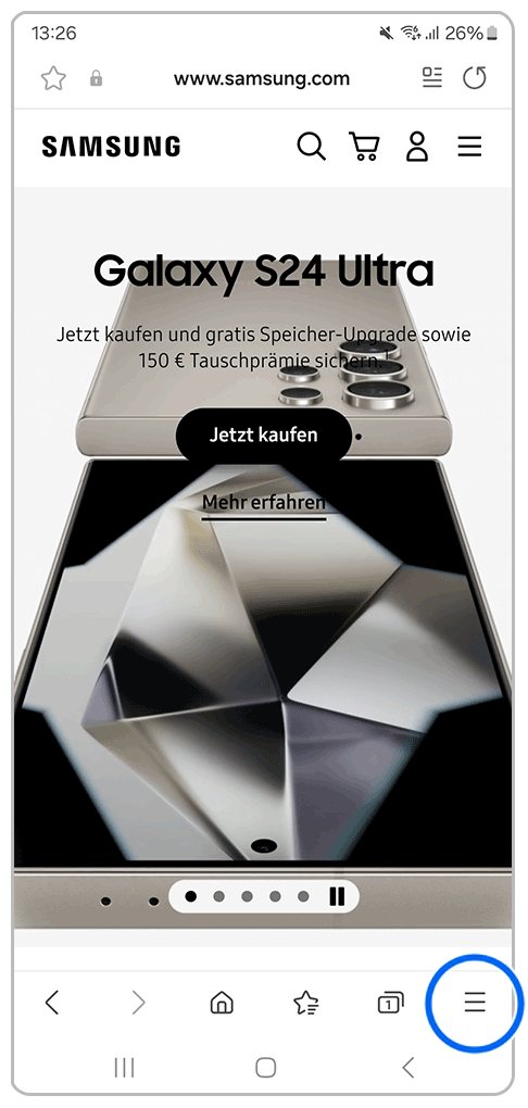 Galaxy Smartphone Samsung Internet Samsung Homepage mit Markierung auf Weitere Optionen