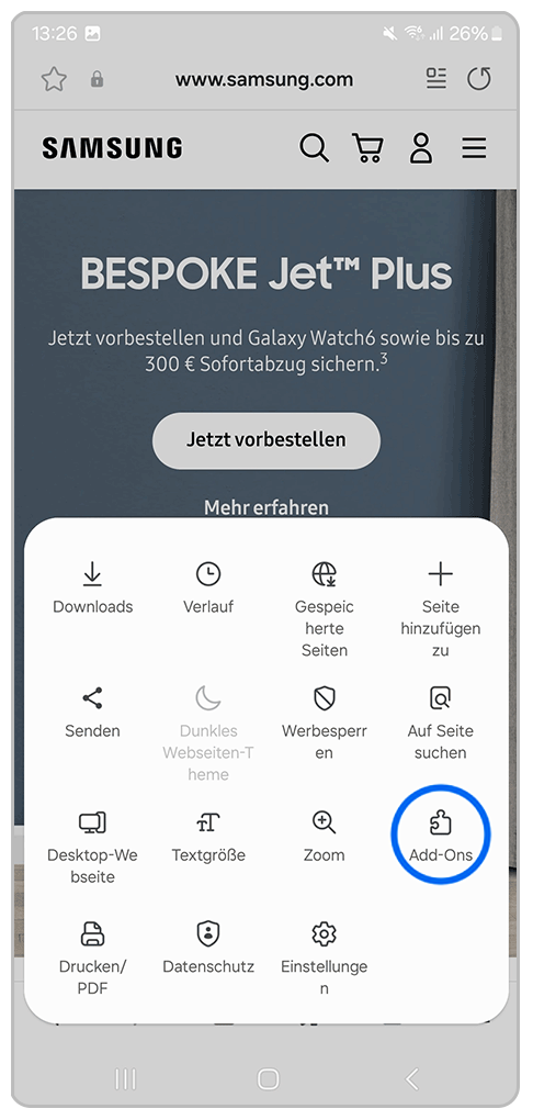 Galaxy Smartphone Samsung Internet Weitere Optionen mit Markierung auf Ad-Ons