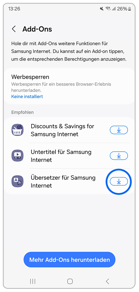 Galaxy Smartphone Add-Ons mit Markierung auf Übersetzer für Samsung Internet