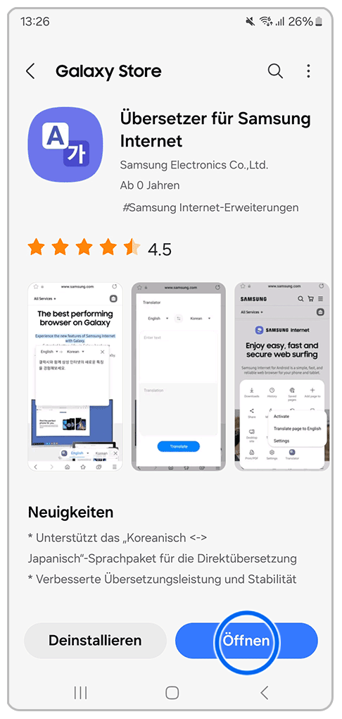 Galaxy Smartphone App-Downloadseite mit Markierung auf Öffnen