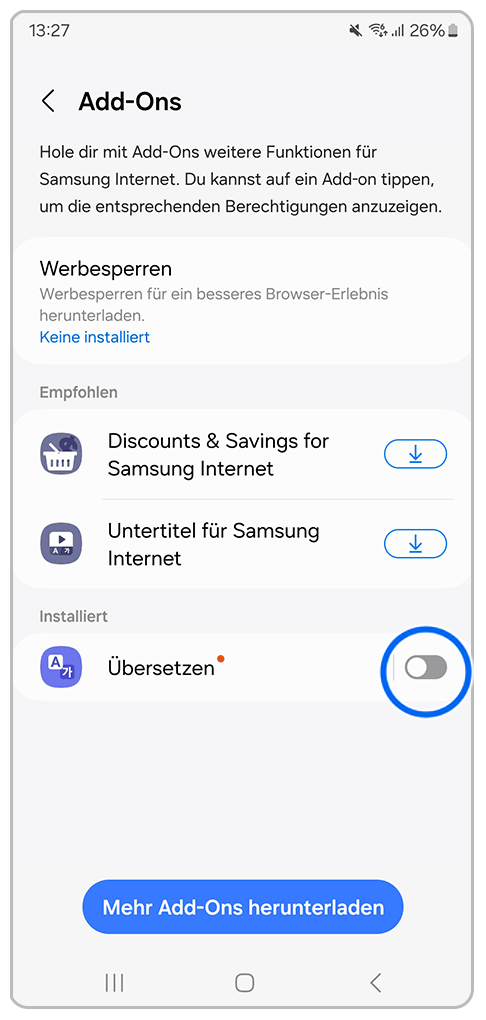 Galaxy Smartphone Add-Ons mit Markierung auf den Schieberegler bei Übersetzen