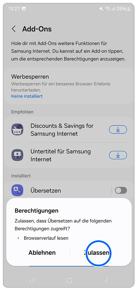 Galaxy Smartphone Add-Ons mit Markierung auf Zulassen
