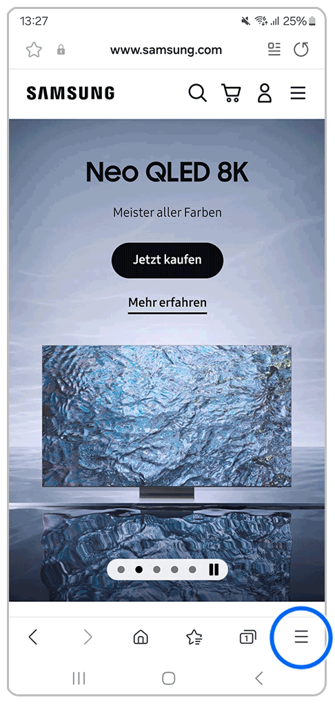 Galaxy Smartphone Samsung Internet mit Markierung auf Weitere Optionen