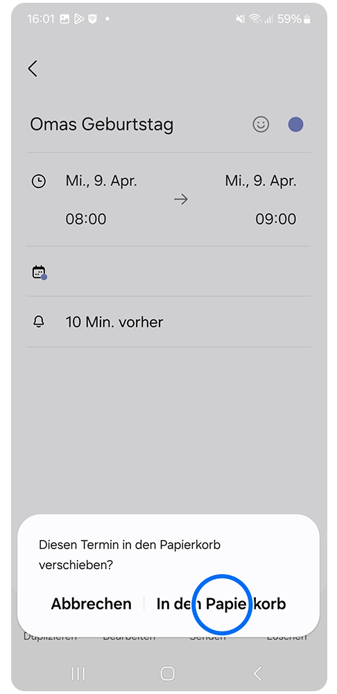Löschen bestätigen und auf dem Papierkorb tippen.