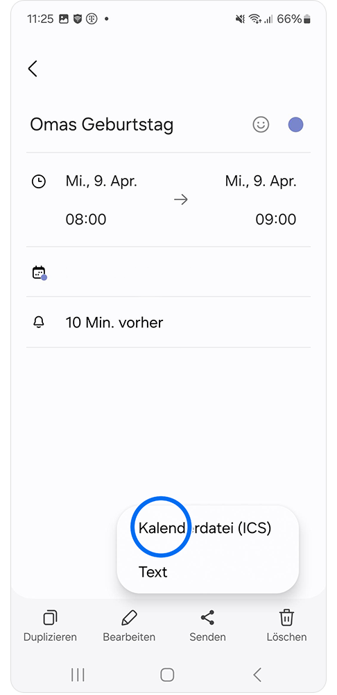Auswahl wie der Termin gesendet werden soll. Hier als Kalenderdatei.