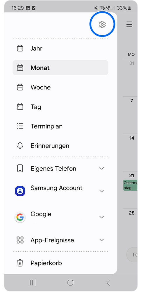 Einstellungen Symbol wird ausgewählt