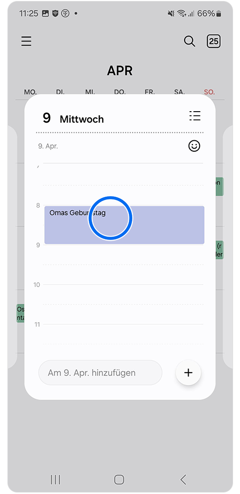 Kalender Eintrag wird angetippt, um weitere Optionen zu öffnen.