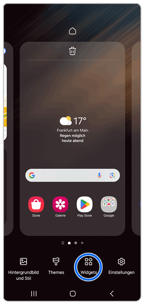 Galaxy Smartphone Startbildschirm mit Markierung auf Widgets