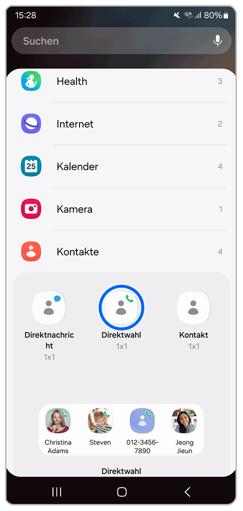 Galaxy Smartphone Widgets mit Markierung auf Direktwahl