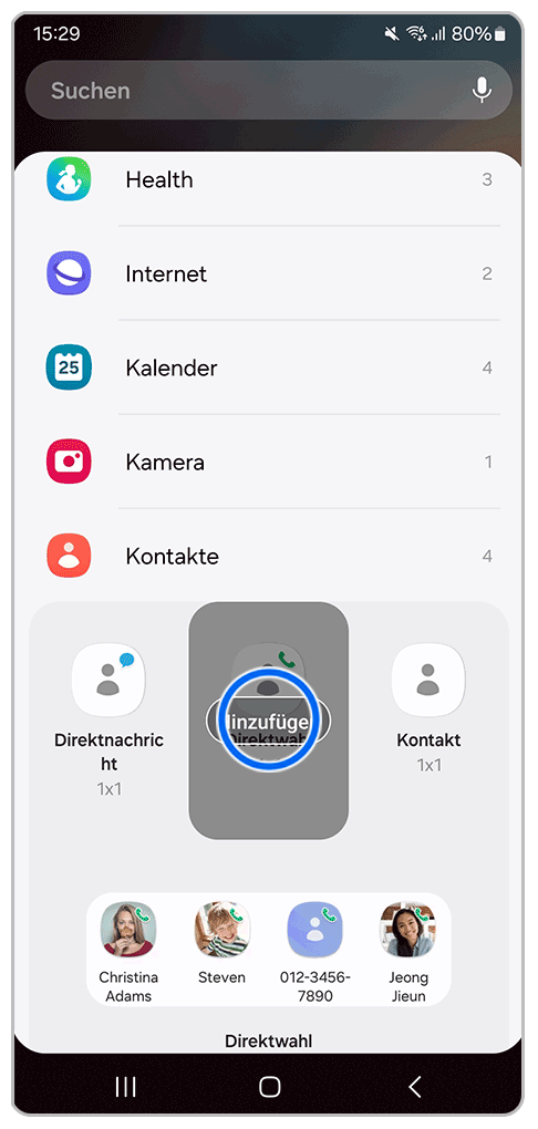 Galaxy Smartphone Widget mit Markierung auf Hinzufügen