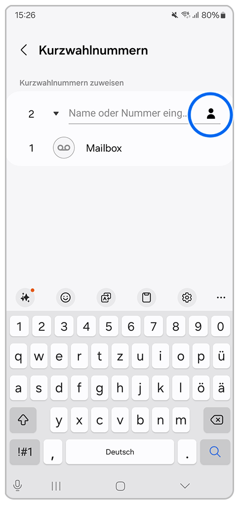 Galaxy Smartphone Telefon-App Kurzwahlnummer mit Markierung auf Kontakte-Symbol