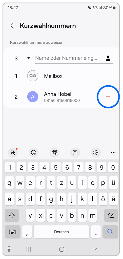 Galaxy Smartphone Telefon-App Kurzwahlnummer mit Markierung auf Minus-Symbol