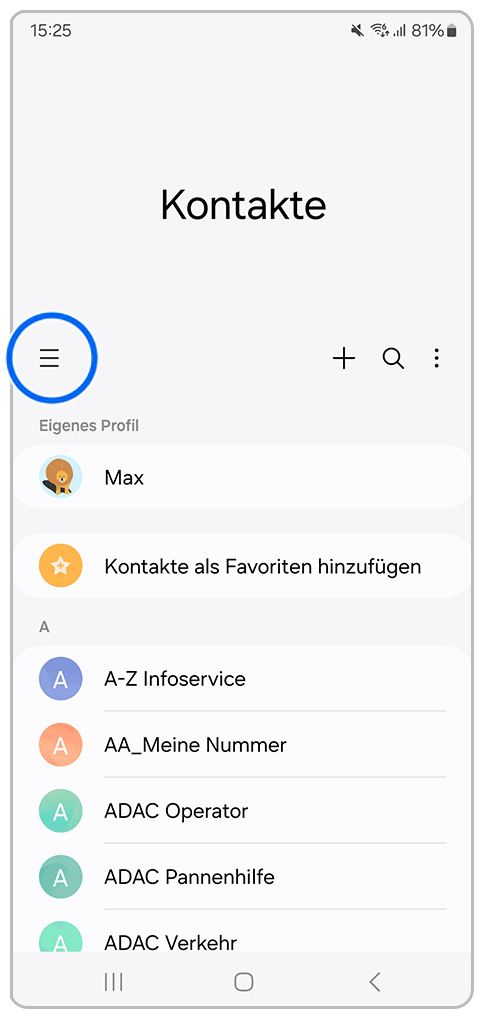 Galaxy Smartphone Kontakte mit Markierung auf Menü-Symbol