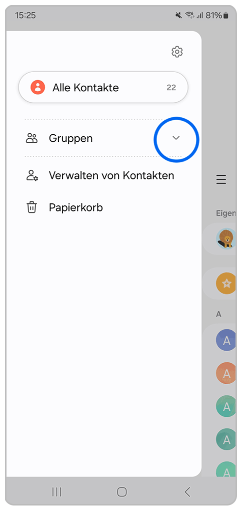 Galaxy Smartphone Kontakte Menü mit Markierung auf Drop-down-Menü