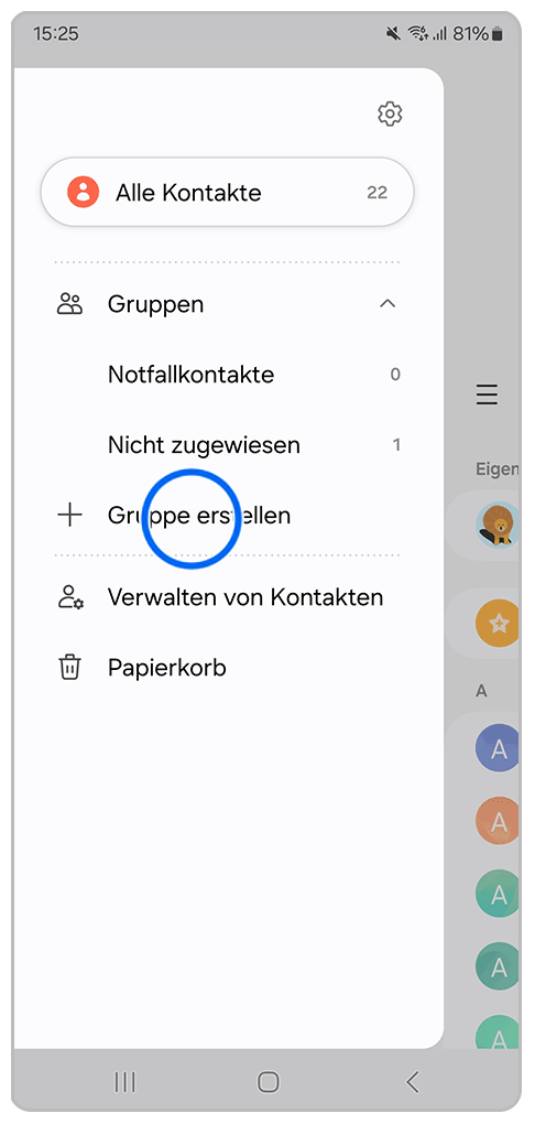 Galaxy Smartphone Kontakte Menü mit Markierung auf + Gruppe erstellen