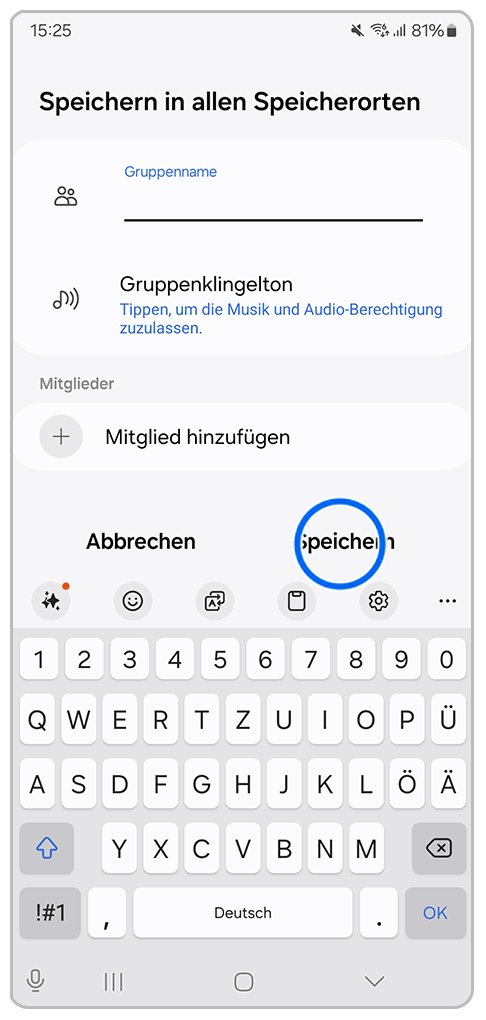 Galaxy Smartphone Kontakte Gruppe erstellen mit Markierung auf Speichern
