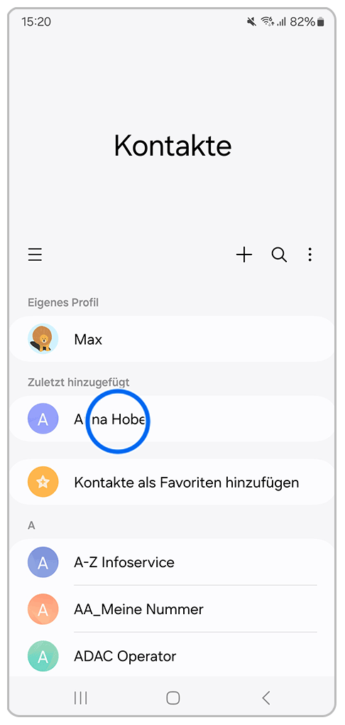 Galaxy Smartphone Kontakte mit Markierung auf Anna Hobel